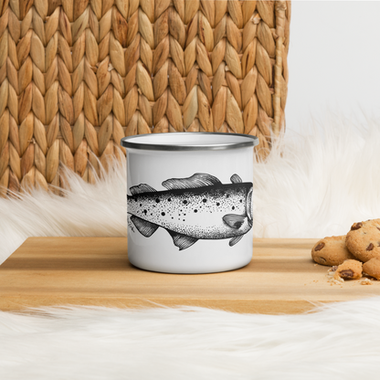 Tasse émaillée  noir et blanc — Truite mouchetée en illustration dotwork