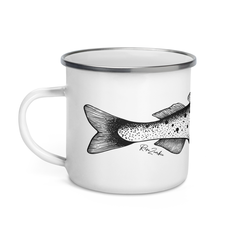 Tasse émaillée  noir et blanc — Truite mouchetée en illustration dotwork