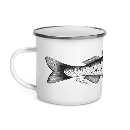 Tasse émaillée  noir et blanc — Truite mouchetée en illustration dotwork