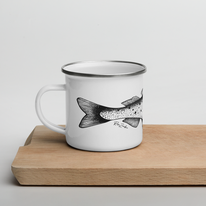 Tasse émaillée  noir et blanc — Truite mouchetée en illustration dotwork