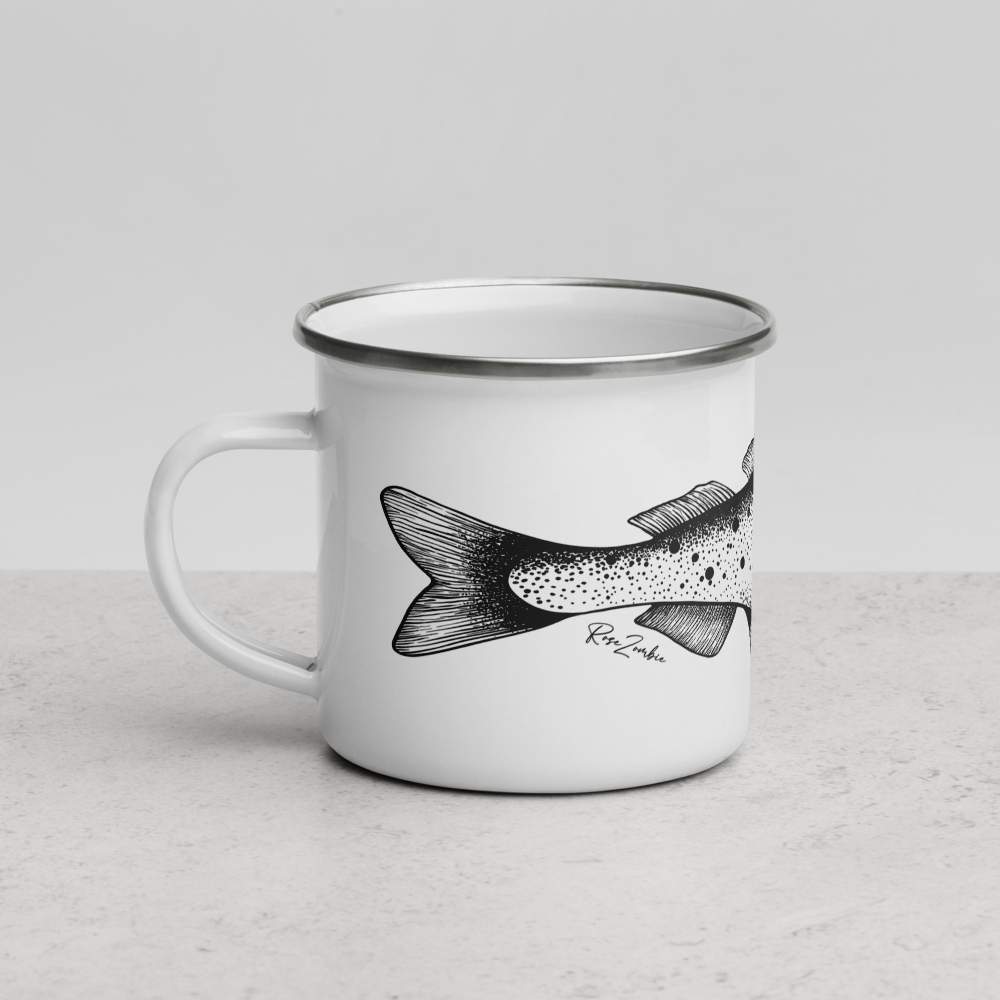 Tasse émaillée  noir et blanc — Truite mouchetée en illustration dotwork
