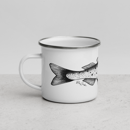 Tasse émaillée  noir et blanc — Truite mouchetée en illustration dotwork