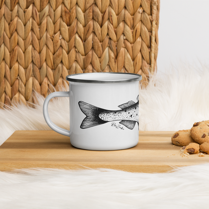 Tasse émaillée  noir et blanc — Truite mouchetée en illustration dotwork
