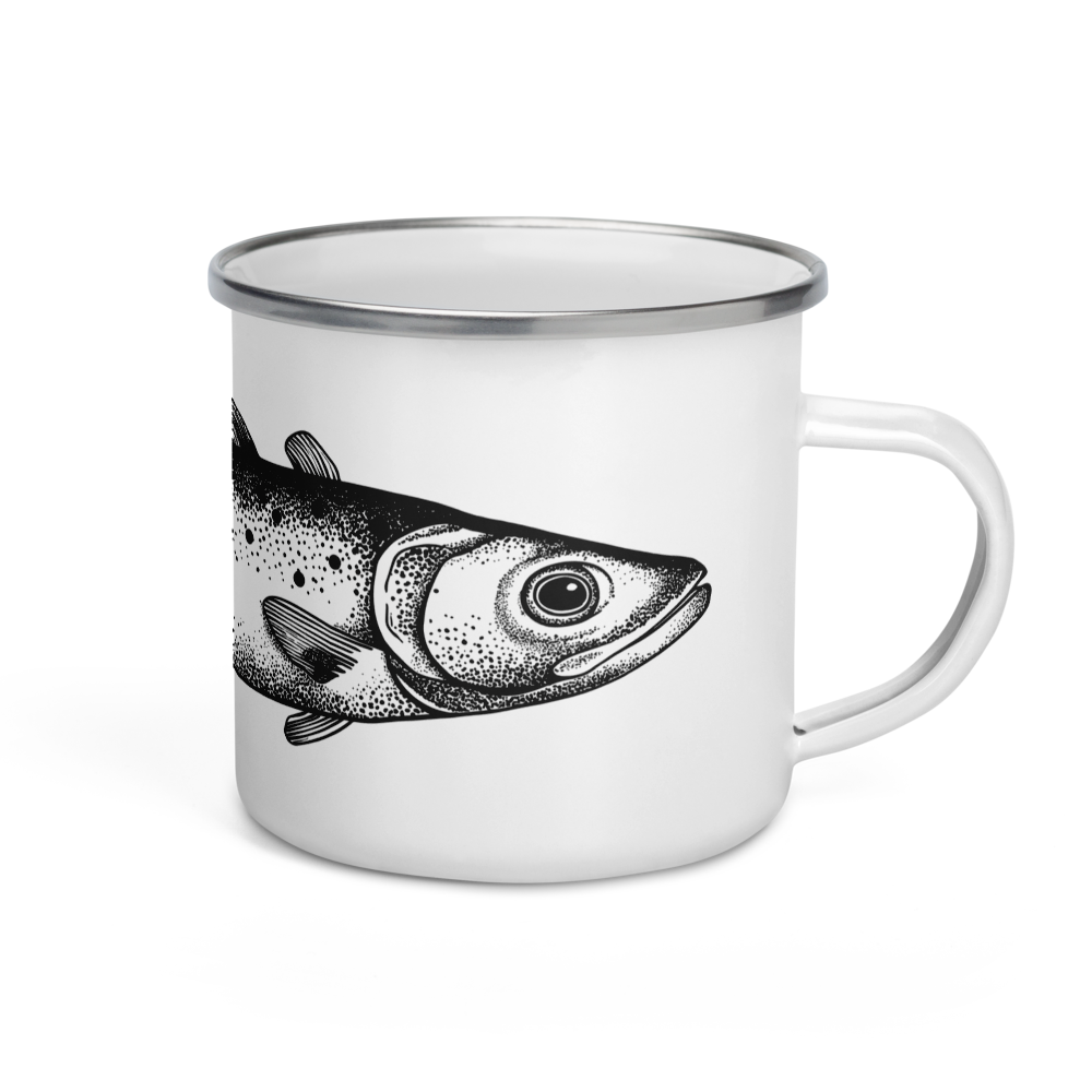 Tasse émaillée  noir et blanc — Truite mouchetée en illustration dotwork