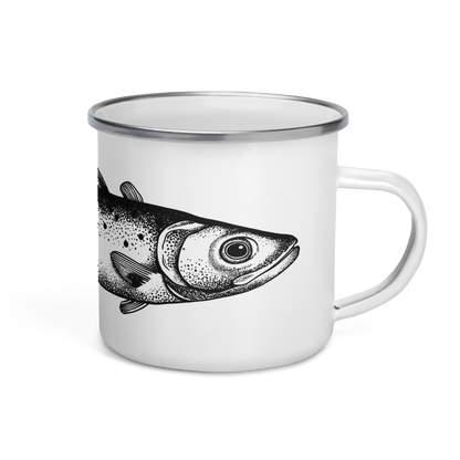 Tasse émaillée  noir et blanc — Truite mouchetée en illustration dotwork