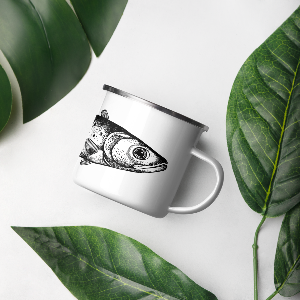 Tasse émaillée  noir et blanc — Truite mouchetée en illustration dotwork