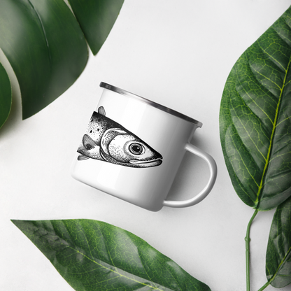 Tasse émaillée  noir et blanc — Truite mouchetée en illustration dotwork