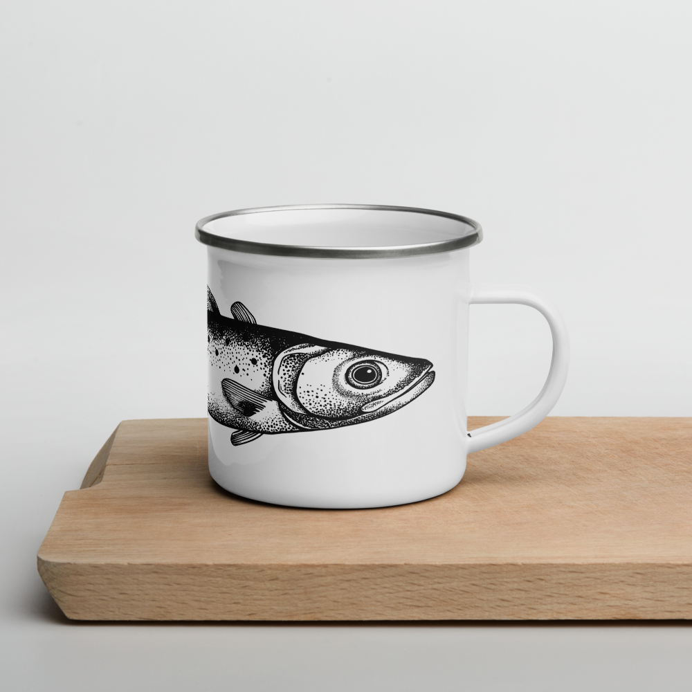 Tasse émaillée  noir et blanc — Truite mouchetée en illustration dotwork