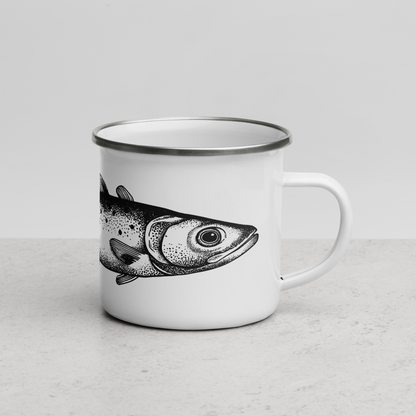 Tasse émaillée  noir et blanc — Truite mouchetée en illustration dotwork