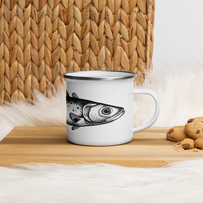 Tasse émaillée  noir et blanc — Truite mouchetée en illustration dotwork