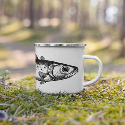 Tasse émaillée  noir et blanc — Truite mouchetée en illustration dotwork