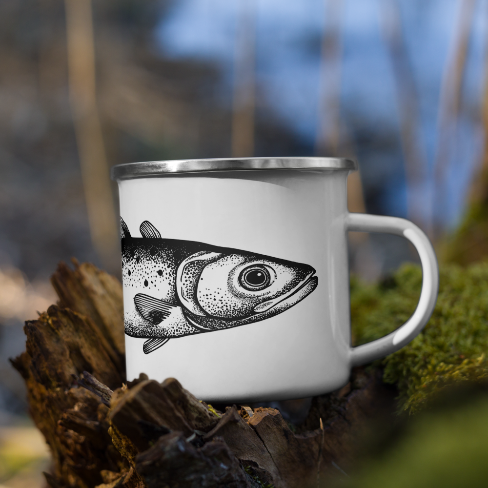 Tasse émaillée  noir et blanc — Truite mouchetée en illustration dotwork