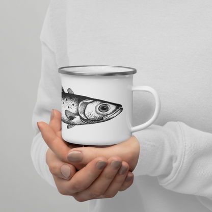 Tasse émaillée  noir et blanc — Truite mouchetée en illustration dotwork