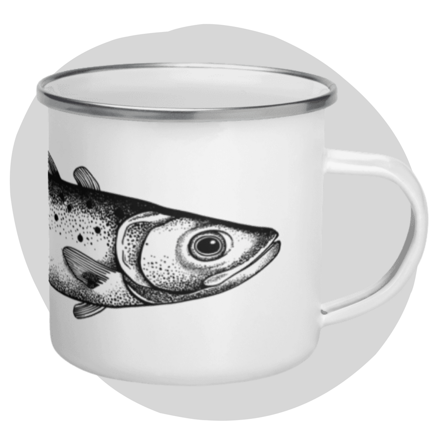 Tasse émaillée  noir et blanc — Truite mouchetée en illustration dotwork