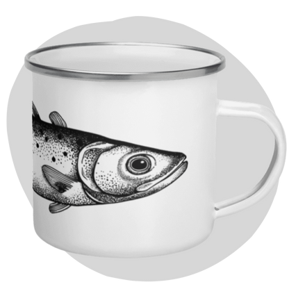 Tasse émaillée  noir et blanc — Truite mouchetée en illustration dotwork