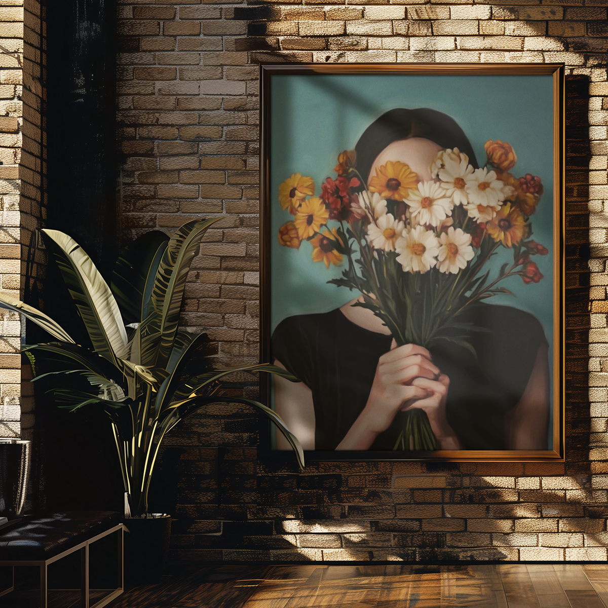 Painting-style printed poster of a young woman with a bouquet of flowers
