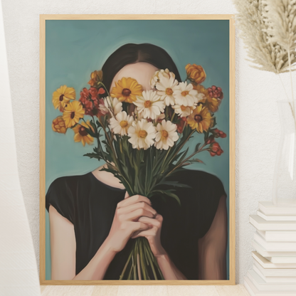 Painting-style printed poster of a young woman with a bouquet of flowers