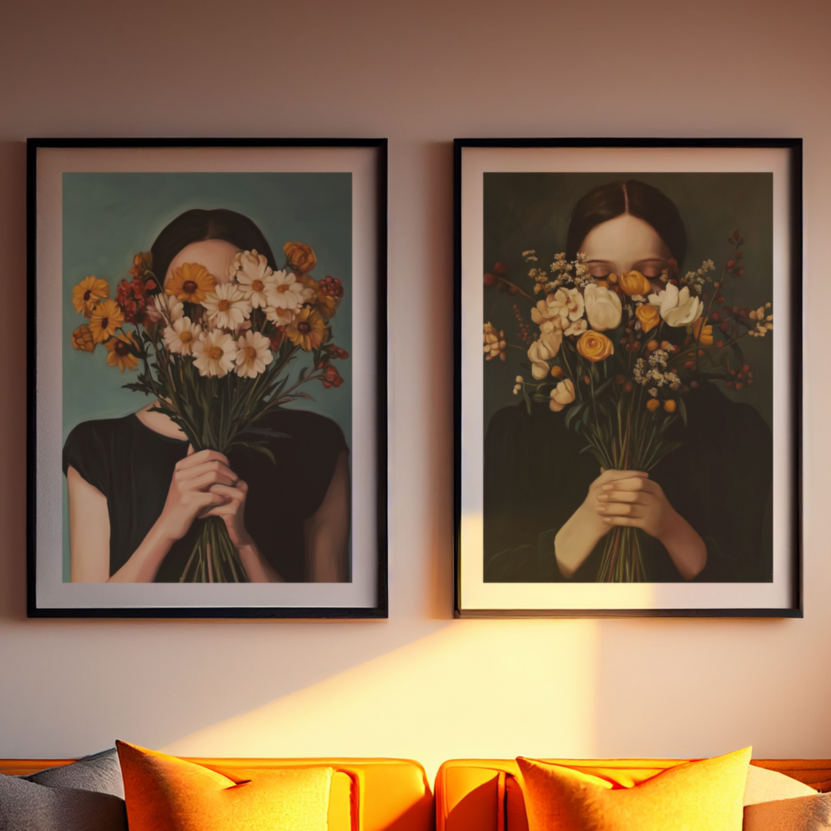 Painting-style printed poster of a young woman with a bouquet of flowers