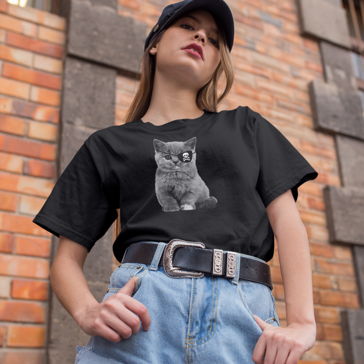 Recycled cotton T-shirt — Pirate cat with skull eye patch,