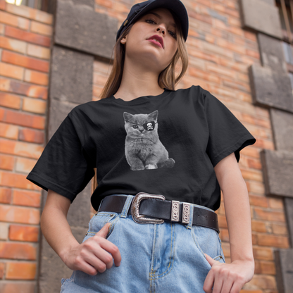 Recycled cotton T-shirt — Pirate cat with skull eye patch,