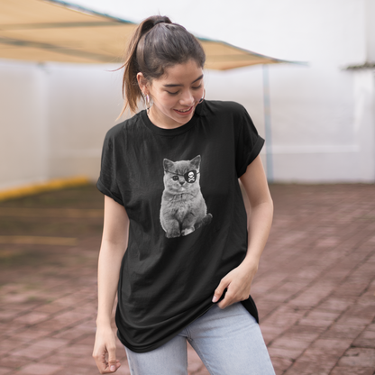 Recycled cotton T-shirt — Pirate cat with skull eye patch,