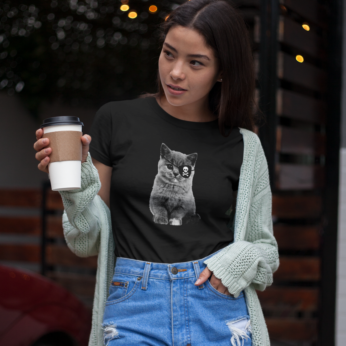 Recycled cotton T-shirt — Pirate cat with skull eye patch,