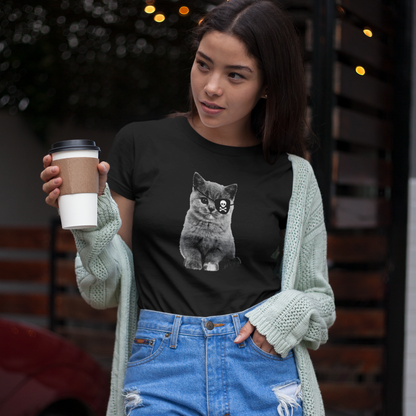 Recycled cotton T-shirt — Pirate cat with skull eye patch,