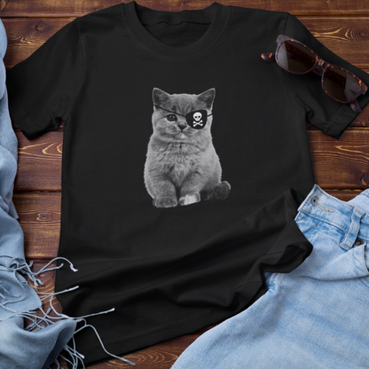Recycled cotton T-shirt — Pirate cat with skull eye patch,