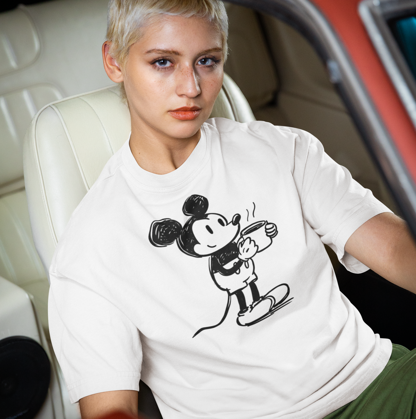 T-shirt en coton bio oversize - Mickey vintage avec tasse de café