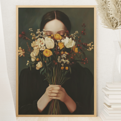 Painting-style printed poster of a young woman with a bouquet of flowers