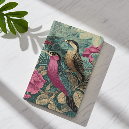Libreta ecológica pequeña con diseño de aves exóticas