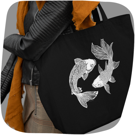 Grand sac tote noir en coton bio - Imprimé de poissons