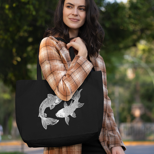 Grand sac tote noir en coton bio - Imprimé de poissons