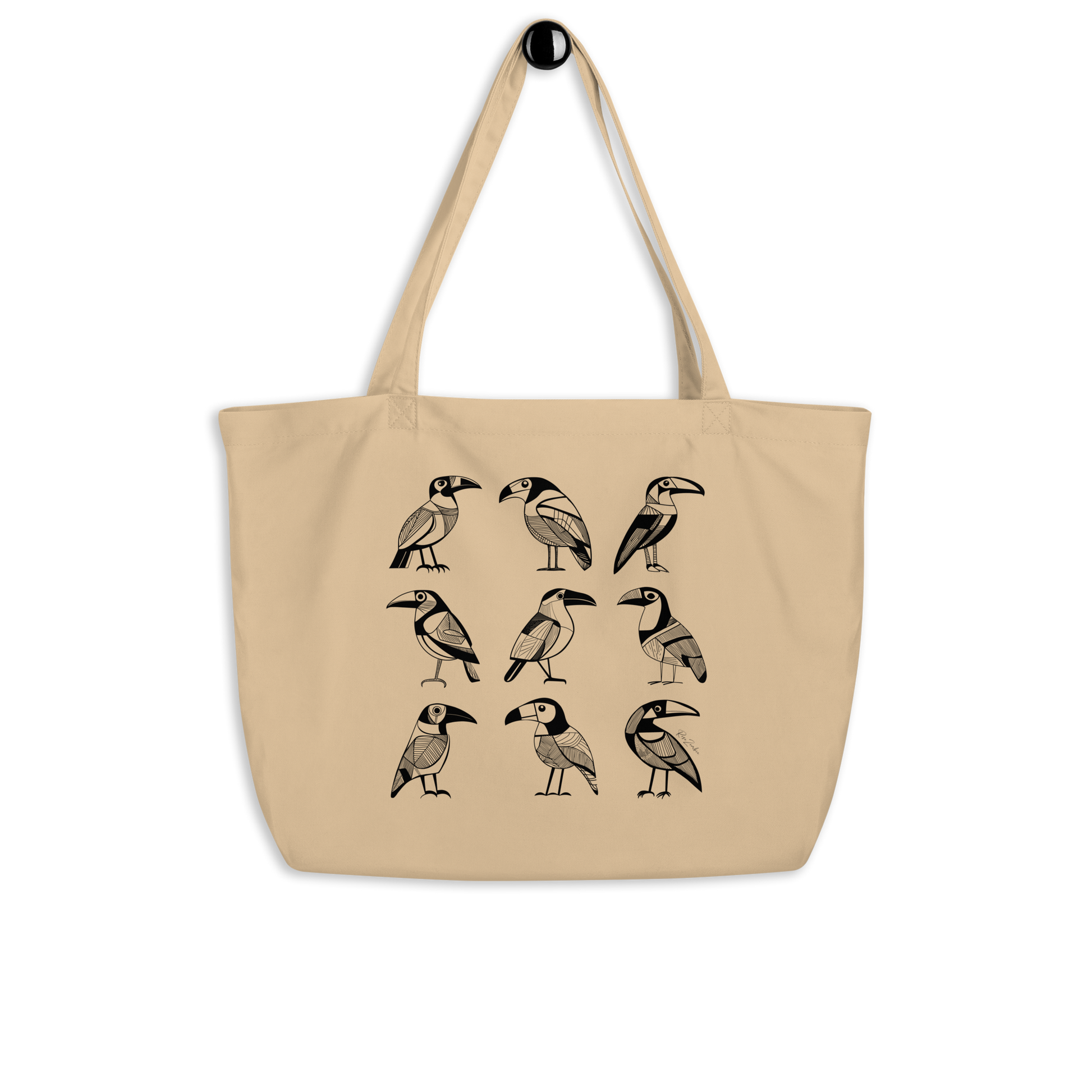 Grand sac tote beige en coton bio Bella - Motif d'oiseaux - rose zombie