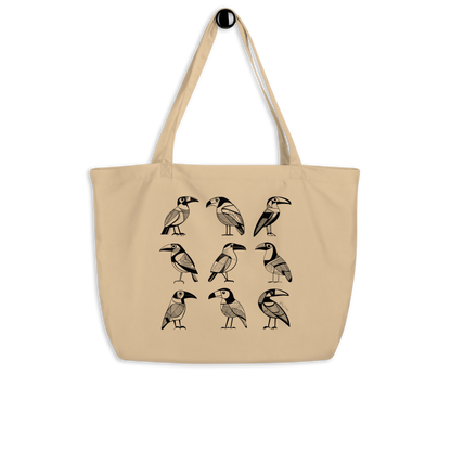 Grand sac tote beige en coton bio Bella - Motif d'oiseaux - rose zombie