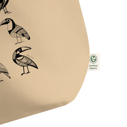 Grand sac tote beige en coton bio Bella - Motif d'oiseaux - rose zombie