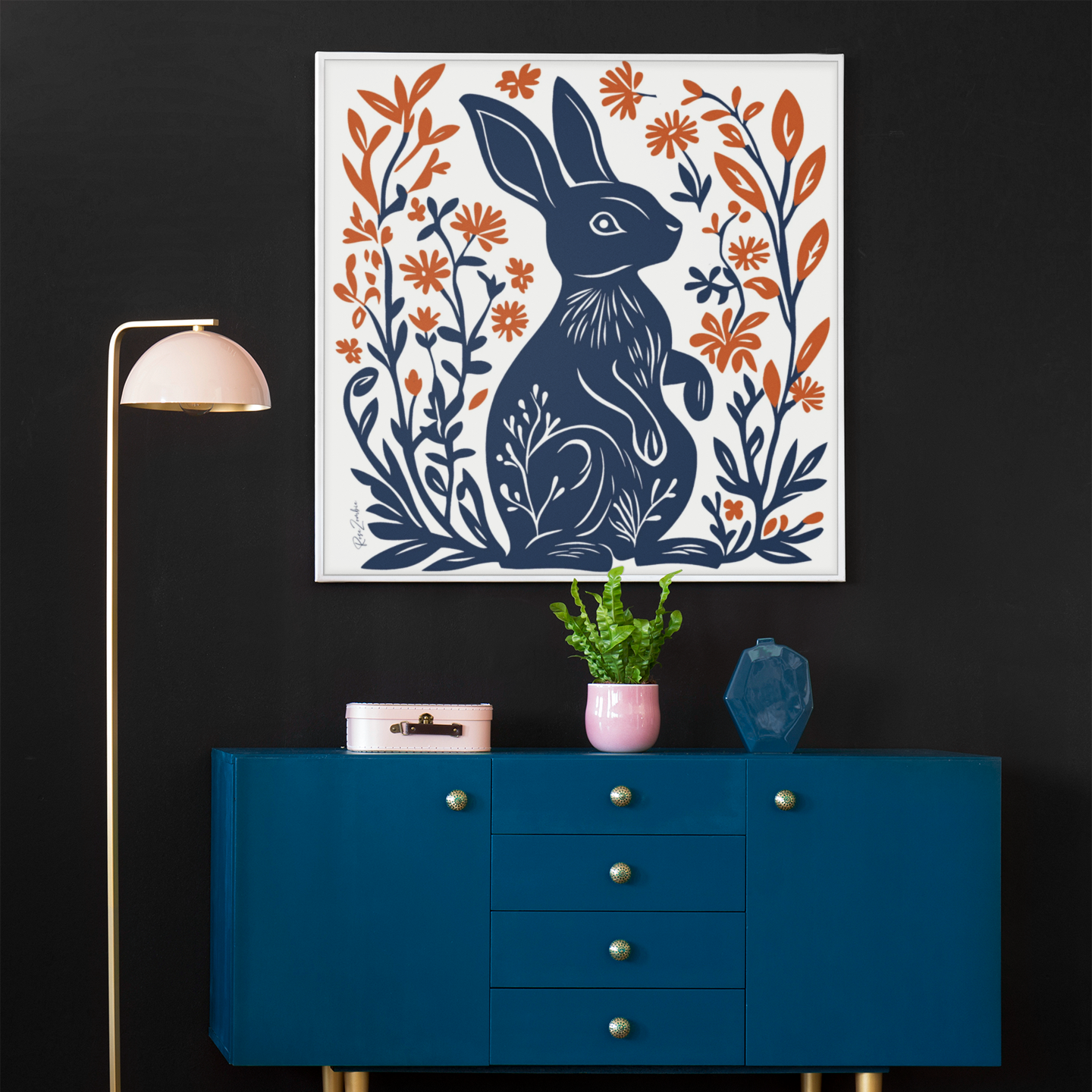 Póster ecológico - Impresión de conejo estilo linograbado