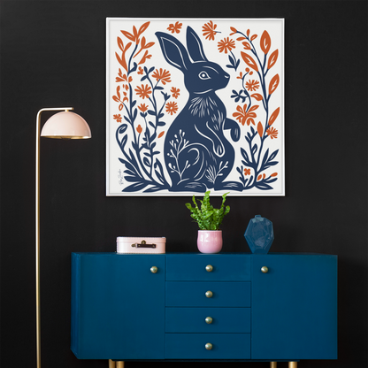 Póster ecológico - Impresión de conejo estilo linograbado
