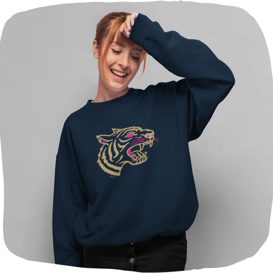 Pull oversize en coton bio – Motif tigre rugissant doré et rose