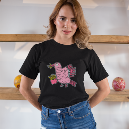 T-shirt en coton recyclé — Illustration humoristique de pigeon rose & frites