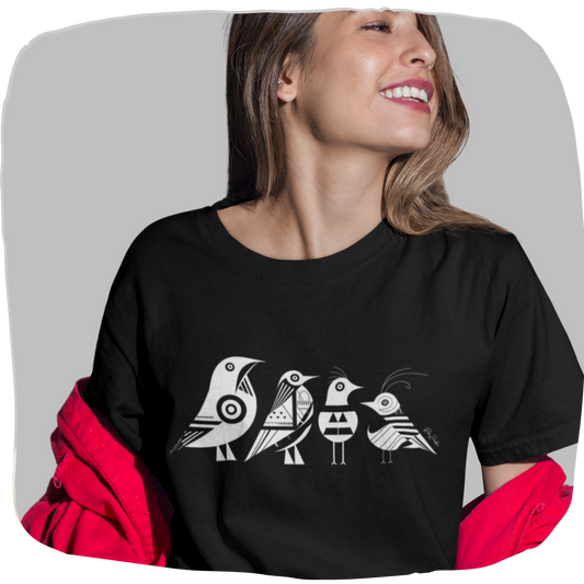 T-shirt coton bio noir — Quatre oiseaux géométriques