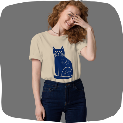 T-shirt en coton bio – Illustration chat minimaliste bleu marine