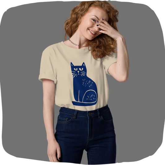 T-shirt en coton bio – Illustration chat minimaliste bleu marine