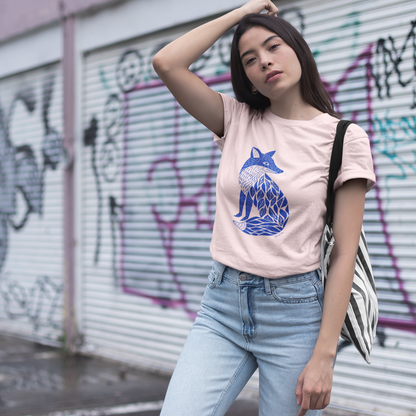 T-shirt en coton bio — Renard bleu cobalt en linocut