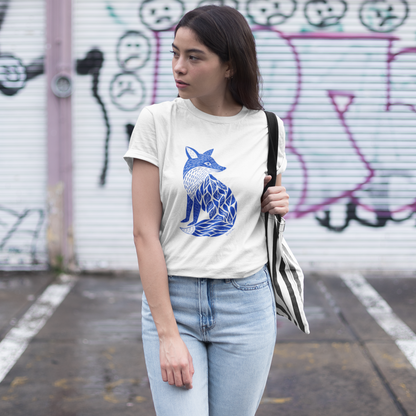 T-shirt en coton bio — Renard bleu cobalt en linocut