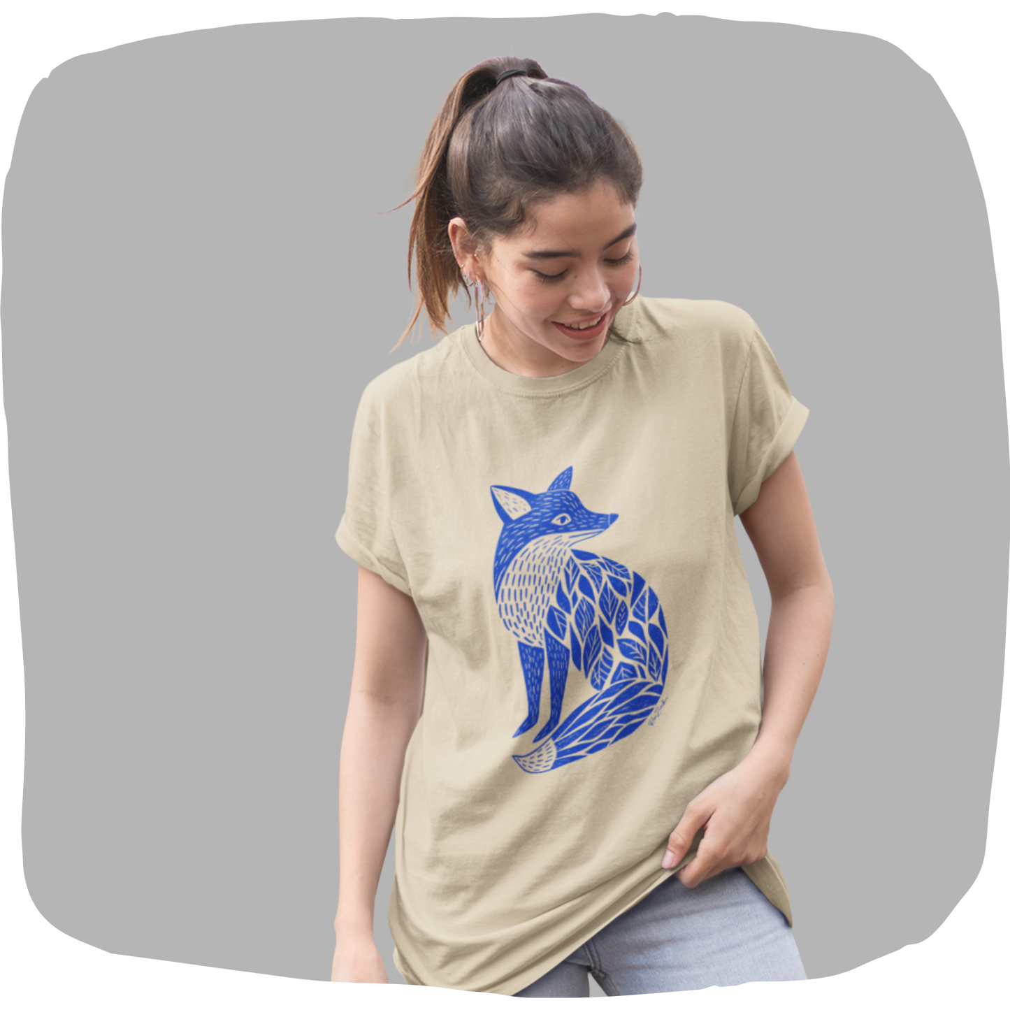 T-shirt en coton bio — Renard bleu cobalt en linocut