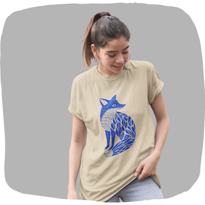 T-shirt en coton bio — Renard bleu cobalt en linocut