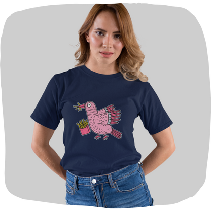 T-shirt en coton recyclé — Illustration humoristique de pigeon rose & frites