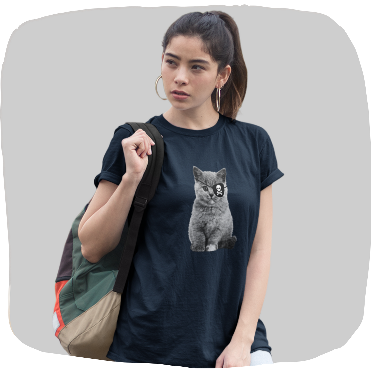 T-shirt en coton recyclé — Chat pirate cache-œil tête de mort,