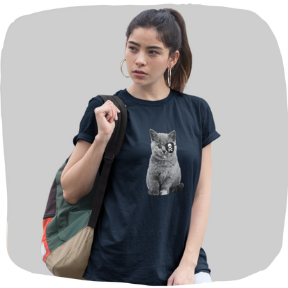 T-shirt en coton recyclé — Chat pirate cache-œil tête de mort,